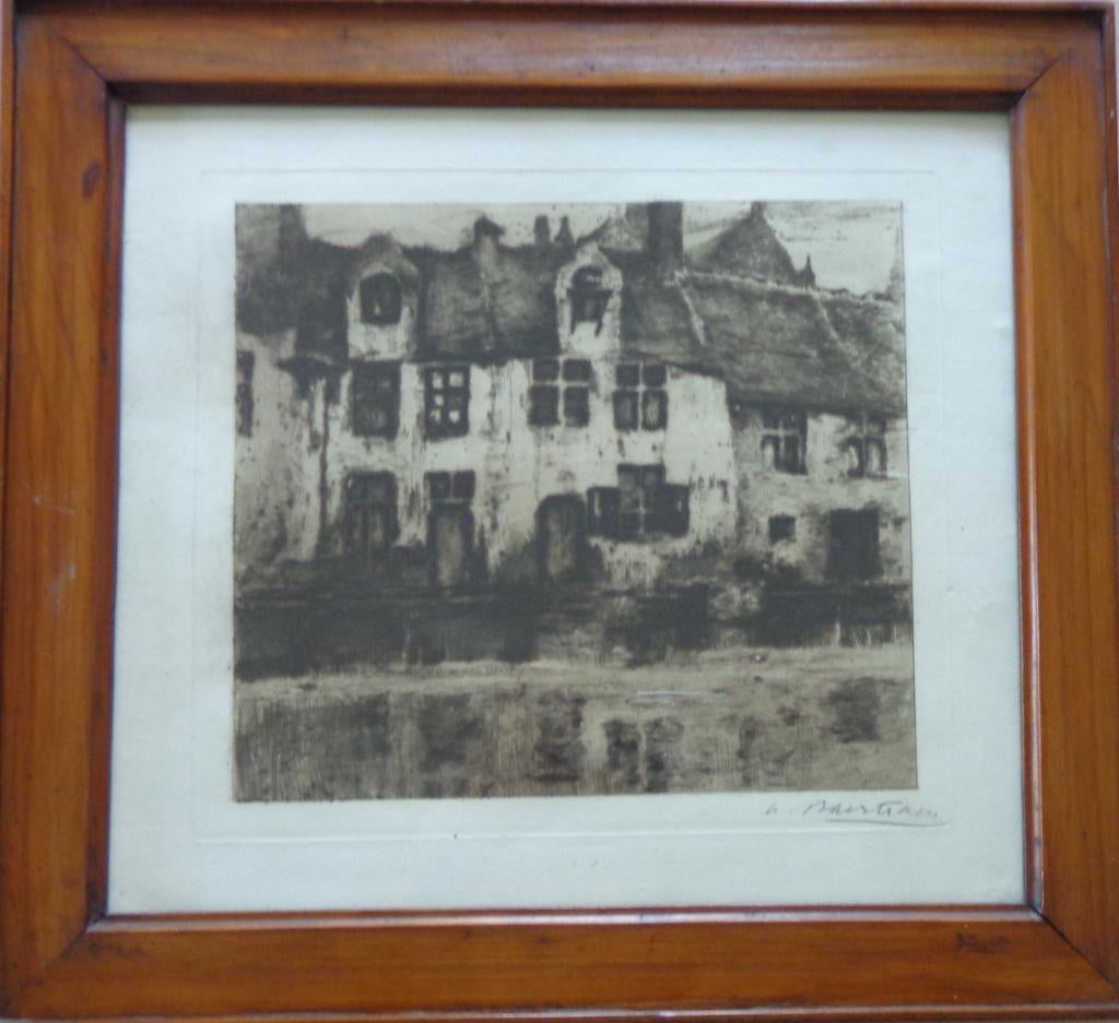 ALBERT BAERTSOEN / HUIZEN KANAAL / ZW-W ETS / 38x41cm KADER, Antiek en Kunst, Ets, Ophalen of Verzenden, Gesigneerd, Landschap