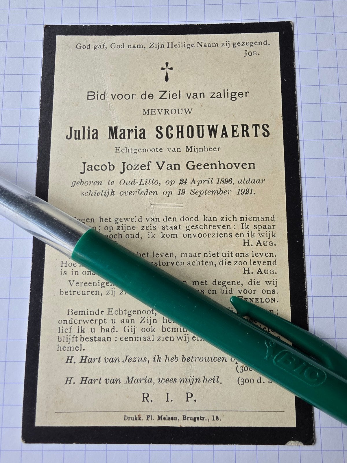 Schouwaerts Van Geenhoven Oud-Lillo 1896-1921, Enlèvement ou Envoi