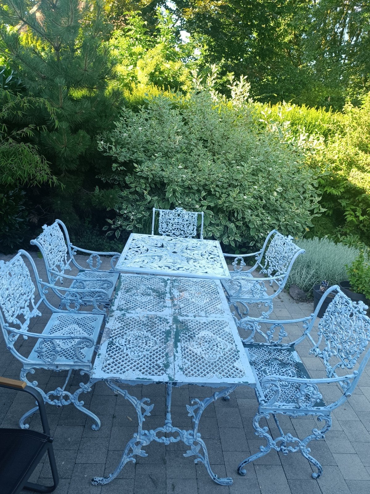 Magnifique ensemble de jardin en fonte brocante - 5 chaises, Enlèvement, Salons de jardin