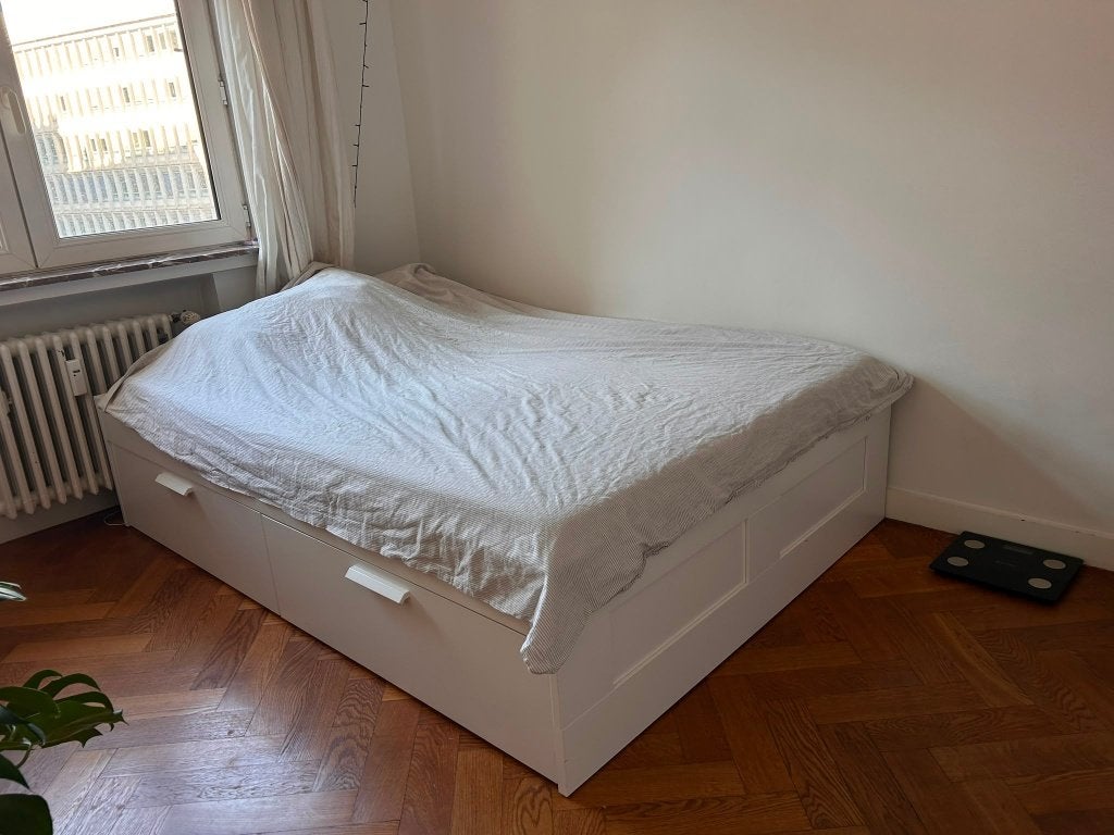Brimnes Ikea bed van 140 x 200 cm met 4 laden, Ophalen, Gebruikt, Wit, Tweepersoons