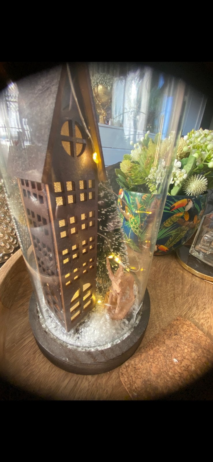 Stolp op glas en hout voet en Led verlichting, Huis en Inrichting, Woonaccessoires | Stolpen, Glas, Verzenden, Zo goed als nieuw