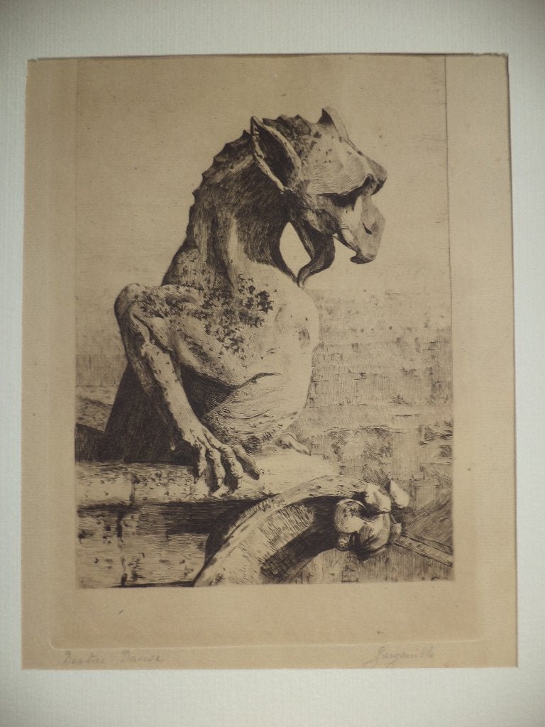 1890 Gargouille van Notre-Dame Paris Marie DANSE waterspuwer, Antiek en Kunst, Kunst | Etsen en Gravures, Ophalen of Verzenden