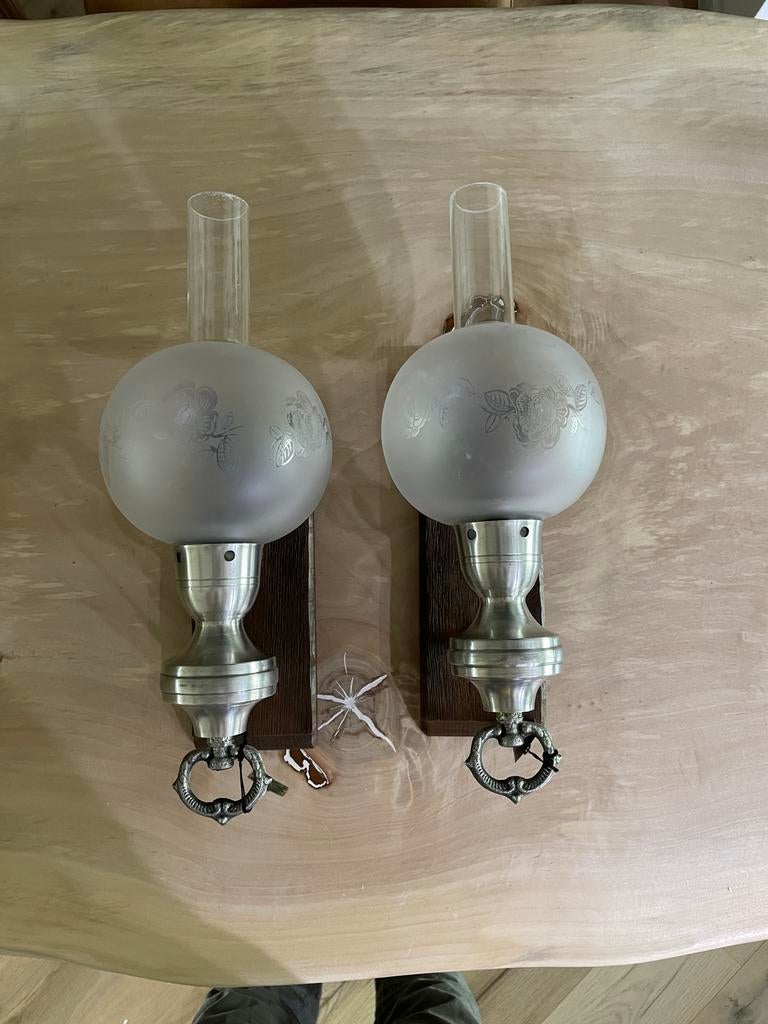 Tinnen wandlamp, Ophalen, Nieuw, Glas