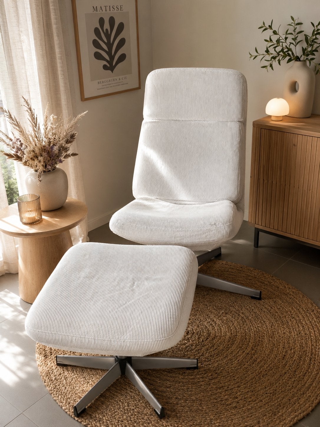 Vintage IKEA LUNNA fauteuil + voetenbank – witte corduroy, Ophalen, Gebruikt, Vintage