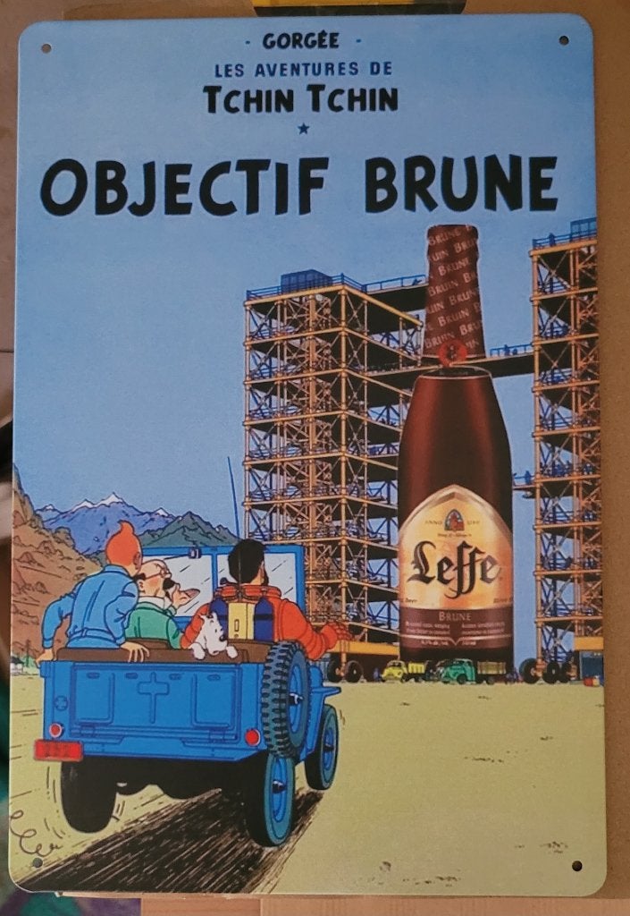 Plaque alu 30 cm x 20 cm parodie de Tintin "Objectif Brune", Collections, Envoi, Neuf