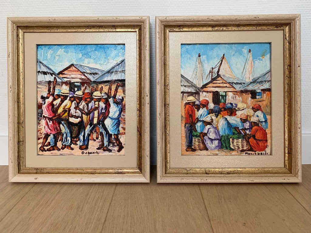 2 kleurrijke schilderijtjes, Portrait ou Personnes, Expressionniste, Enlèvement, Toile