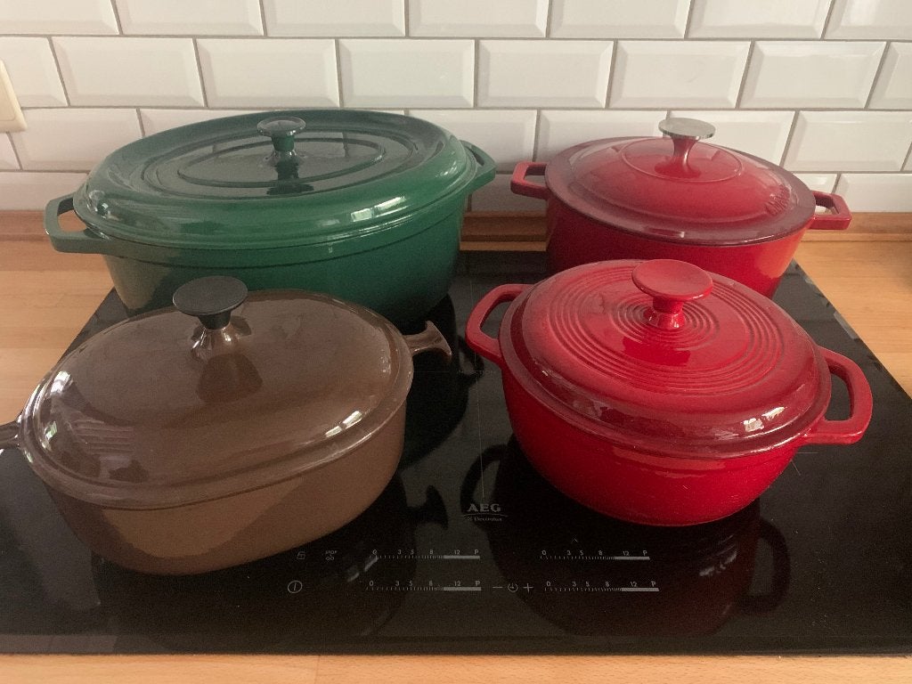 Lot de 4 cocottes en fonte, Huis en Inrichting, Ophalen, Gebruikt, Geschikt voor inductie, Overige merken