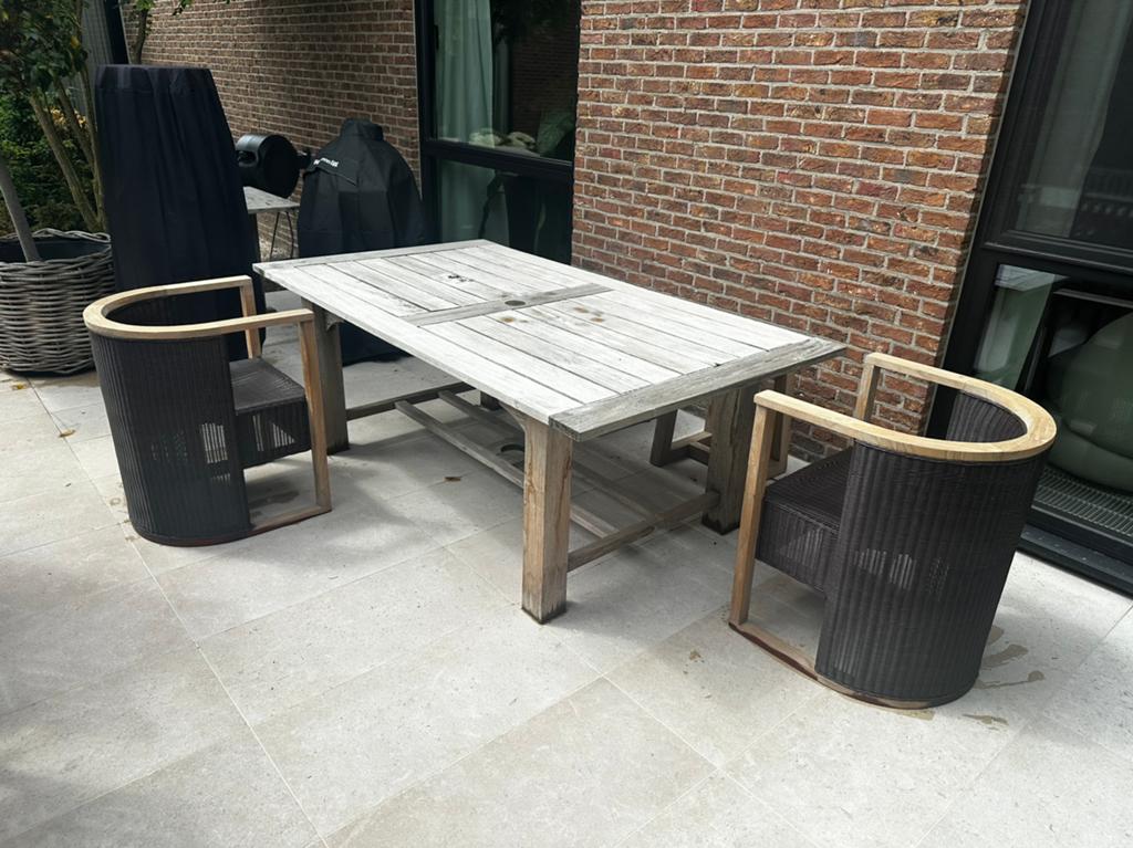 4 tijdloze Japandi tuin-/terrasstoelen–stijlvolle eyecatcher, Enlèvement, Utilisé, Bois, Chaise