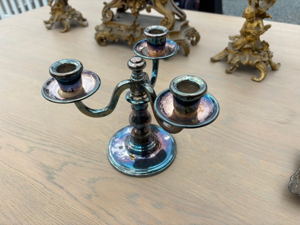 Verzilverde kandelaar 3 armen, Antiek en Kunst, Ophalen of Verzenden, Zilver