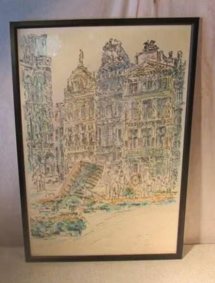 Prachtige Litho 'Op de bloemenmarkt' - Leduc, Antiquités & Art, Art | Lithographies & Sérigraphies, Encadré, Enlèvement ou Envoi
