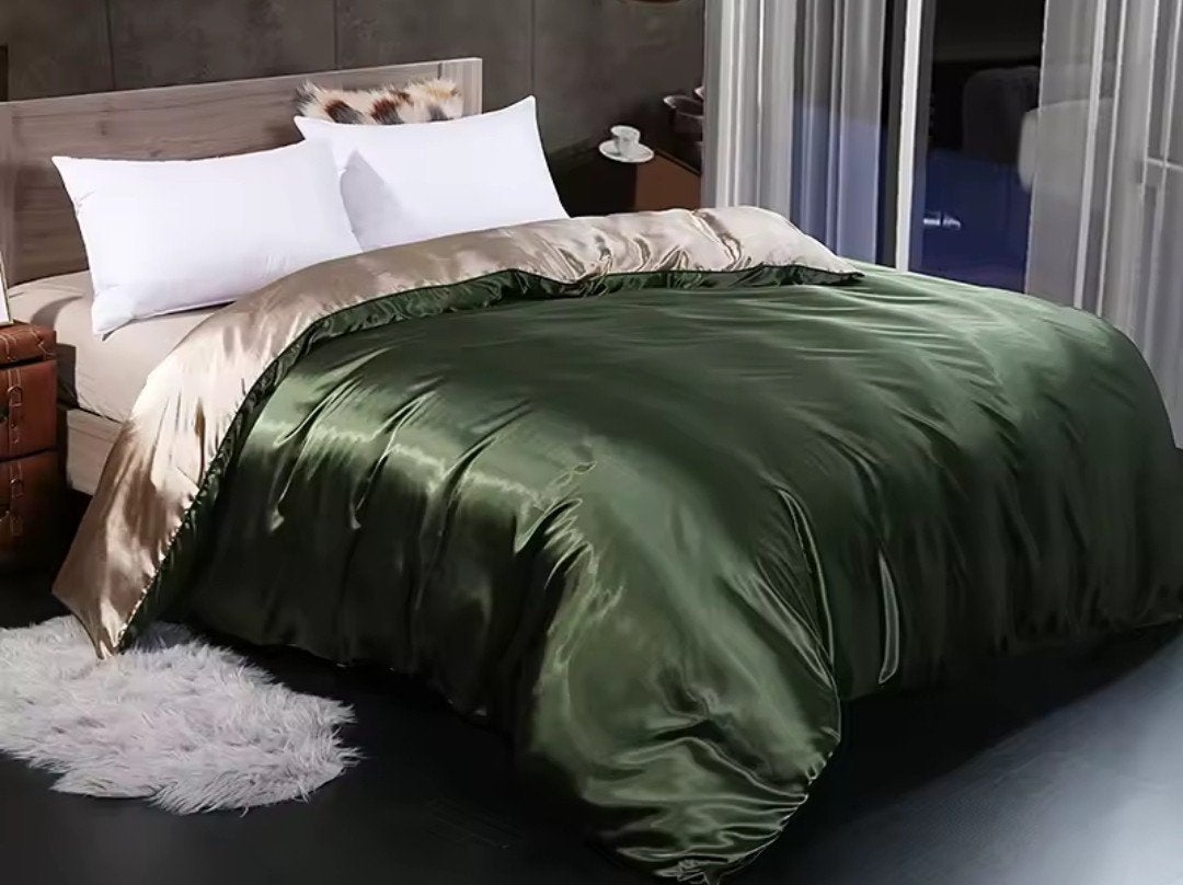 Luxe groene/Champagne Satijnen Dekbedovertrek 2m40 x 2m20 +, Ophalen of Verzenden, Dekbedovertrek