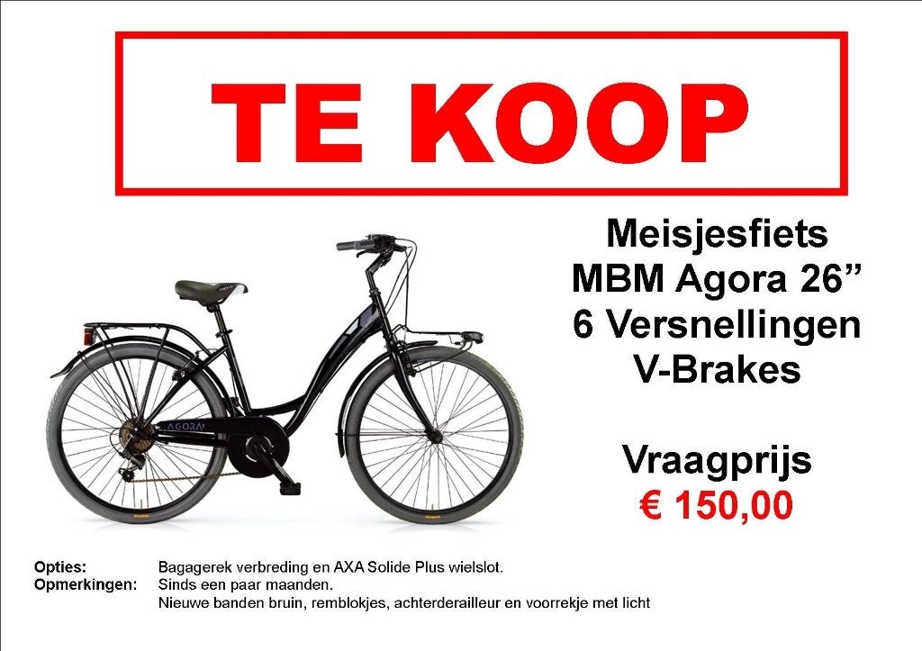 Kinderfiets MBM Agora 26" Zwart, Fietsen en Brommers, Ophalen, 20 inch of meer, Velgrem, Zo goed als nieuw