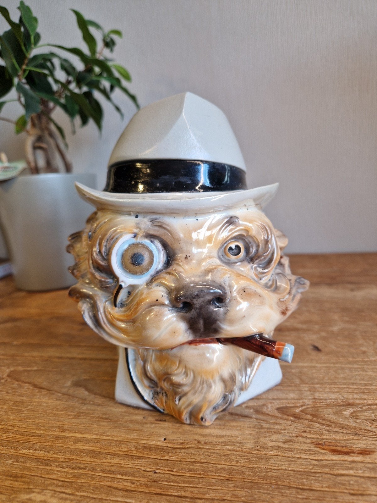 vintage tabakspot hond met hoed en sigaar, Ophalen of Verzenden