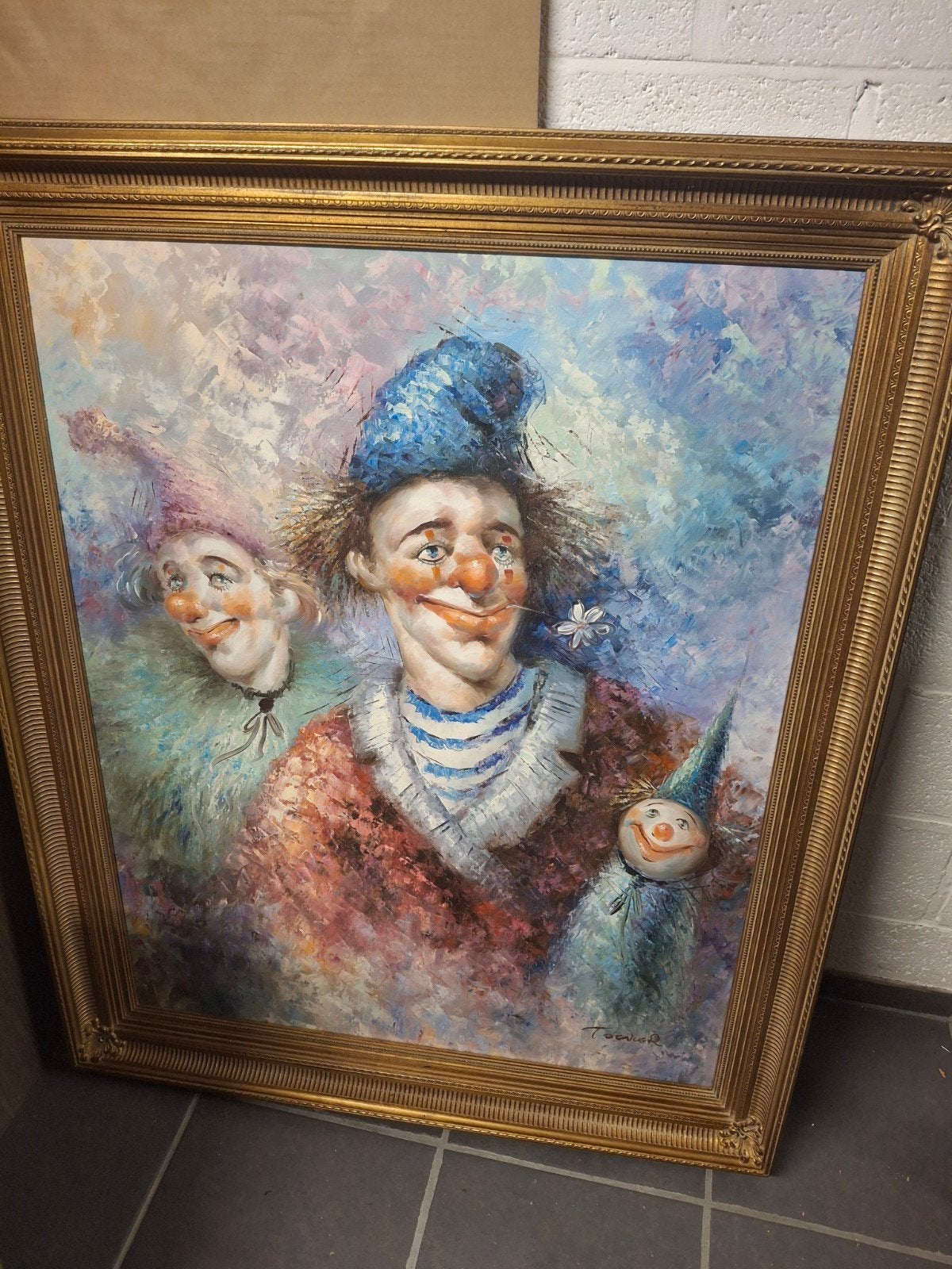 groot schilderij clowns, Antiek en Kunst, Ophalen