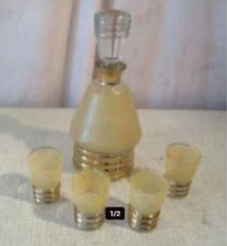Antieke Set - Speciale Glazen Karaf met 4 drinkglazen, Antiek en Kunst, Ophalen of Verzenden