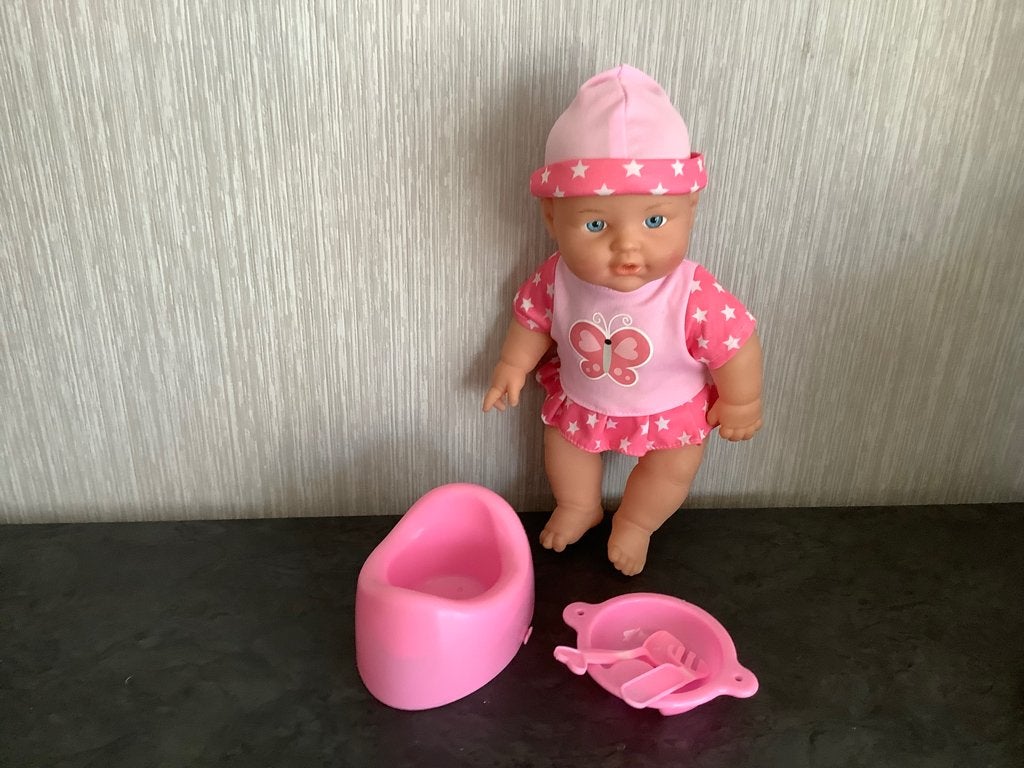 Baby speelpop met accessoires (30 cm), Ophalen of Verzenden, Zo goed als nieuw, Babypop