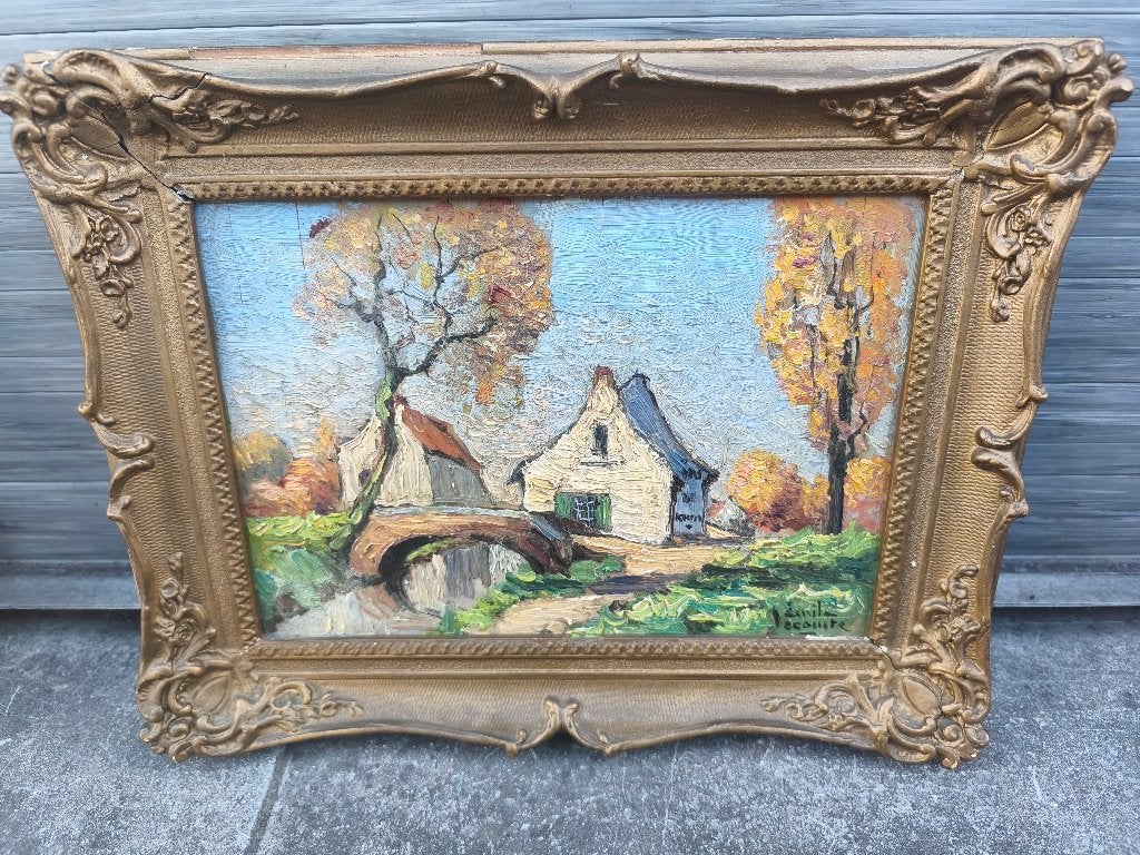 huile sur panneau signe emile lecomte, Antiek en Kunst, Ophalen of Verzenden, Paneel