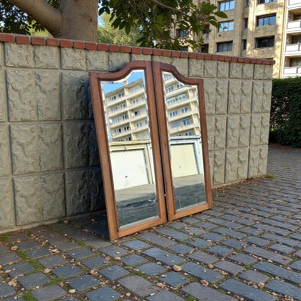 Vintage afgeschuinde dubbele spiegels van 164 x 63 cm, Antiek en Kunst, Ophalen, Overige vormen, 50 tot 100 cm, 150 tot 200 cm