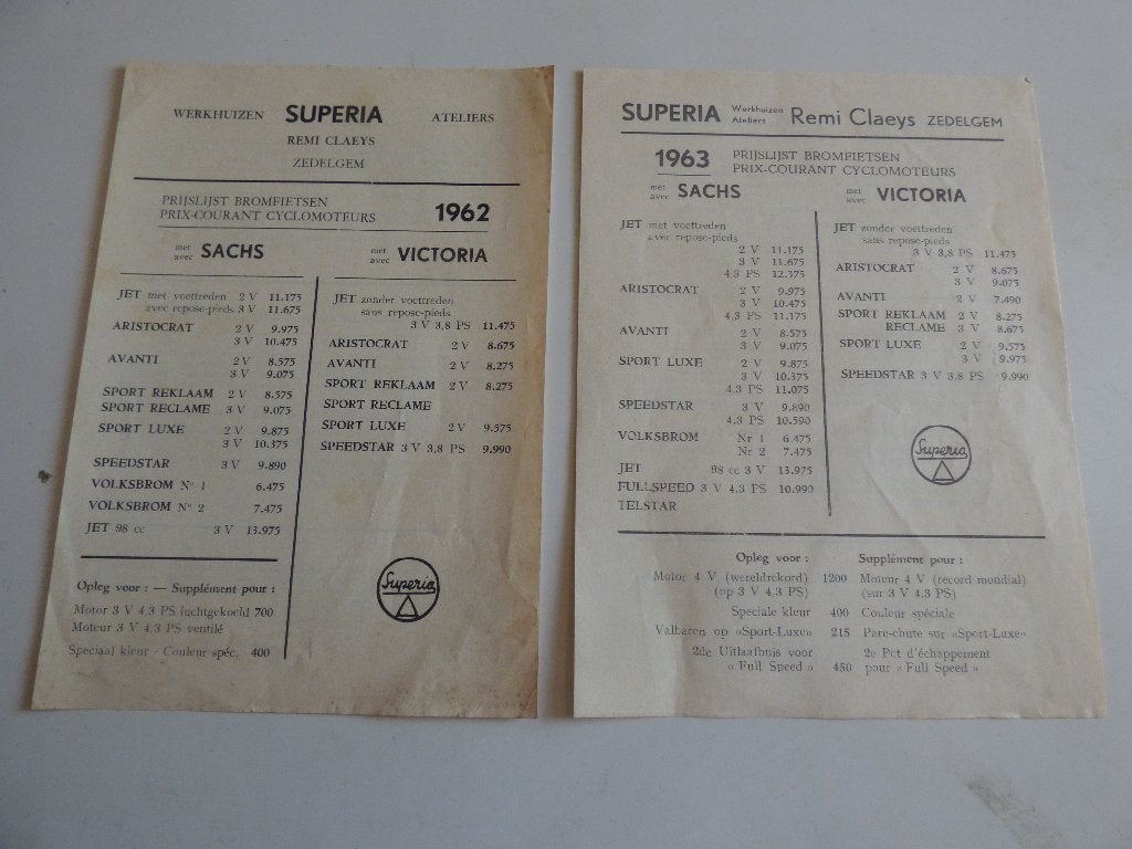 SUPERIA PRIJSLIJSTEN 1962 & 1962, Fietsen en Brommers, Handleidingen en Instructieboekjes, Ophalen of Verzenden, Zo goed als nieuw