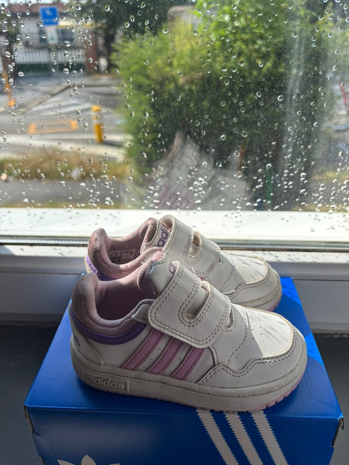 Baskets Adidas Hoops à scratchs - Blanc, violet, rose 24, Enlèvement ou Envoi, Utilisé, Chaussures
