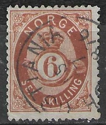 Noorwegen 1871/1875 - Yvert 20 - "De Posthoorn" - 6 s. (ST), Postzegels en Munten, Verzenden, Noorwegen, Gestempeld