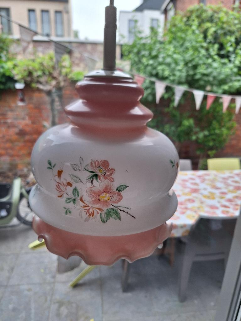 Vintage  hanglamp met glazen kap, Ophalen, Gebruikt, Vintage, Glas