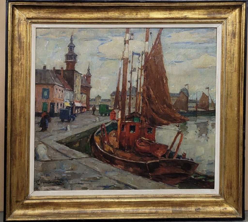 Alfons VAN BEURDEN, aan de kade, Peinture à l'huile, Enlèvement, Encadré, Toile