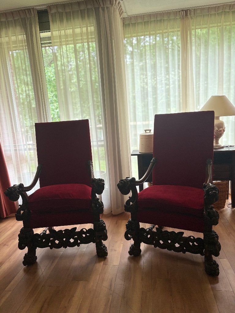 Set van 2 Antieke Barok Stijl Fauteuils met Leeuwenkoppen, Enlèvement