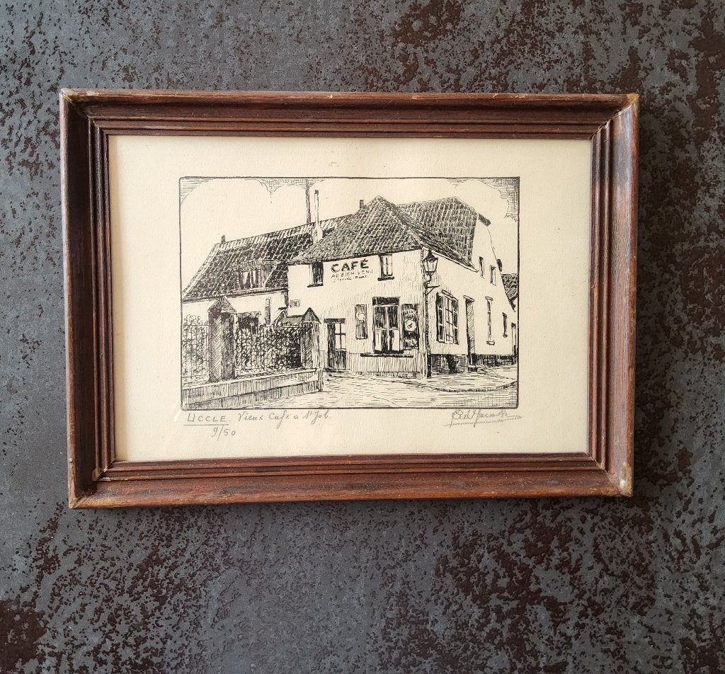 Uccle Ukkel Vieux Cafe Au bien venu à St. Job, Antiek en Kunst, Kunst | Etsen en Gravures, 2000 tot heden, Dagelijks leven, Ets