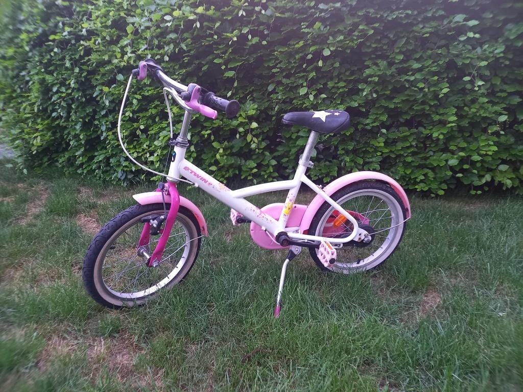Meisjesfiets wit-roze 14 inch 3-5 jaar BTWIN, Ophalen, Gebruikt, Velgrem, B-Twin