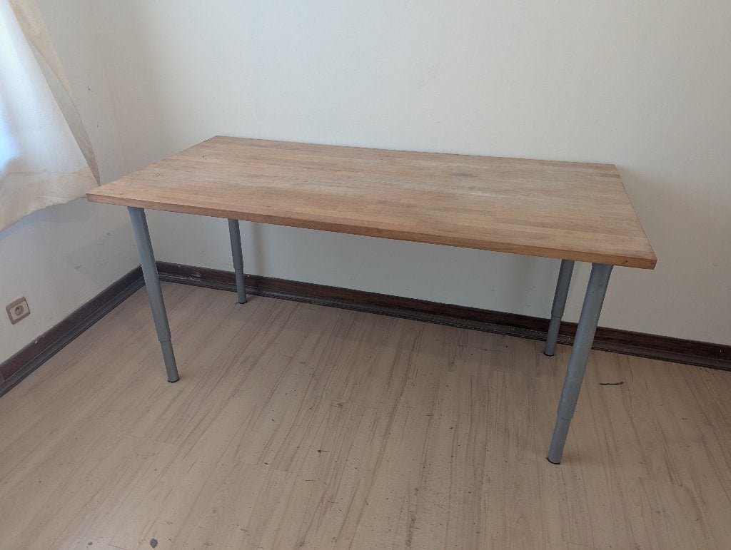 Bureautafel met dik vol houten tafelblad, Huis en Inrichting, Bureaus, Ophalen, Gebruikt, 155 cm, Hout