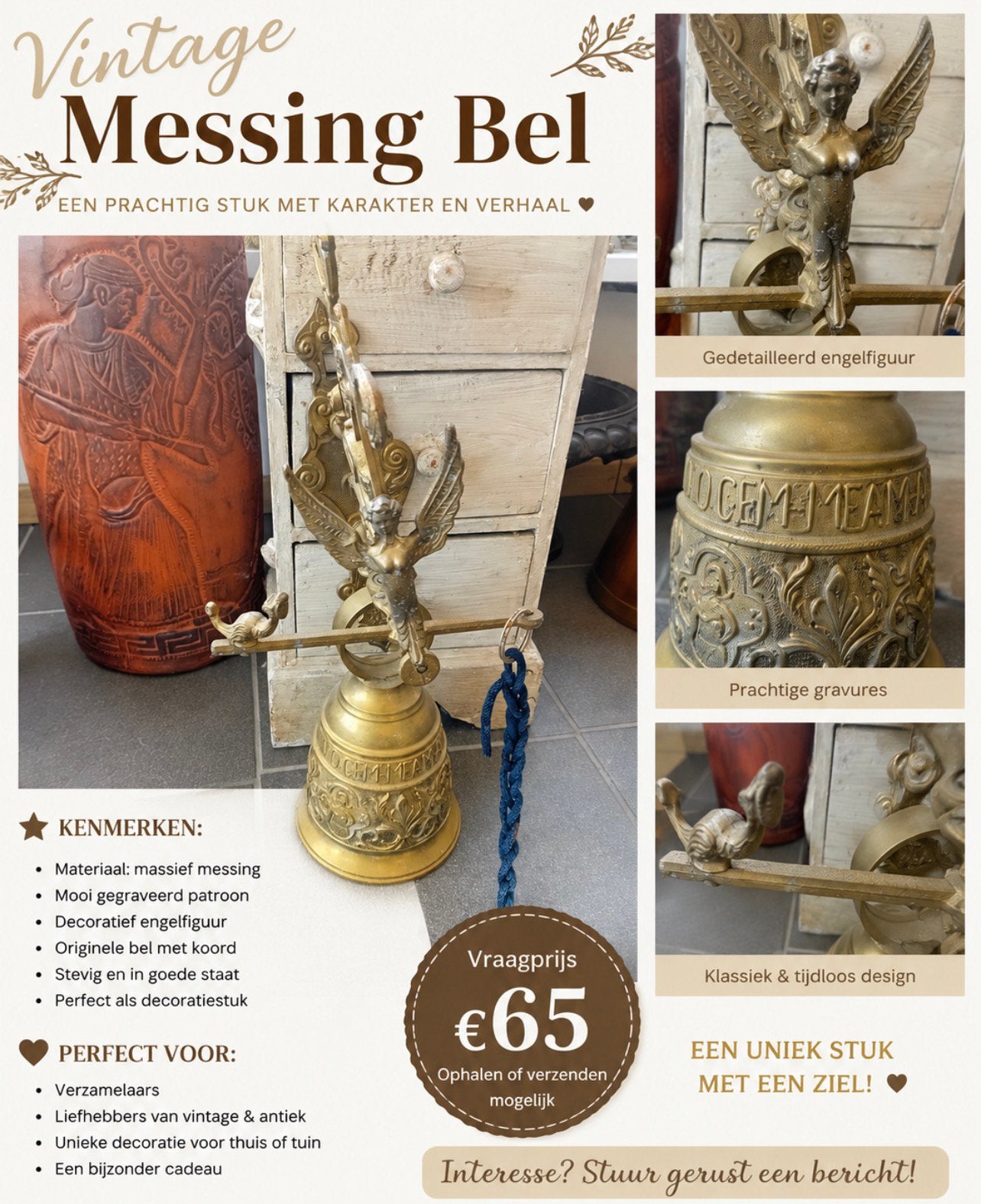 Bijzondere bronzen bel met engel – rijk gedecoreerd, Boeken, Esoterie en Spiritualiteit, Ophalen, Zo goed als nieuw