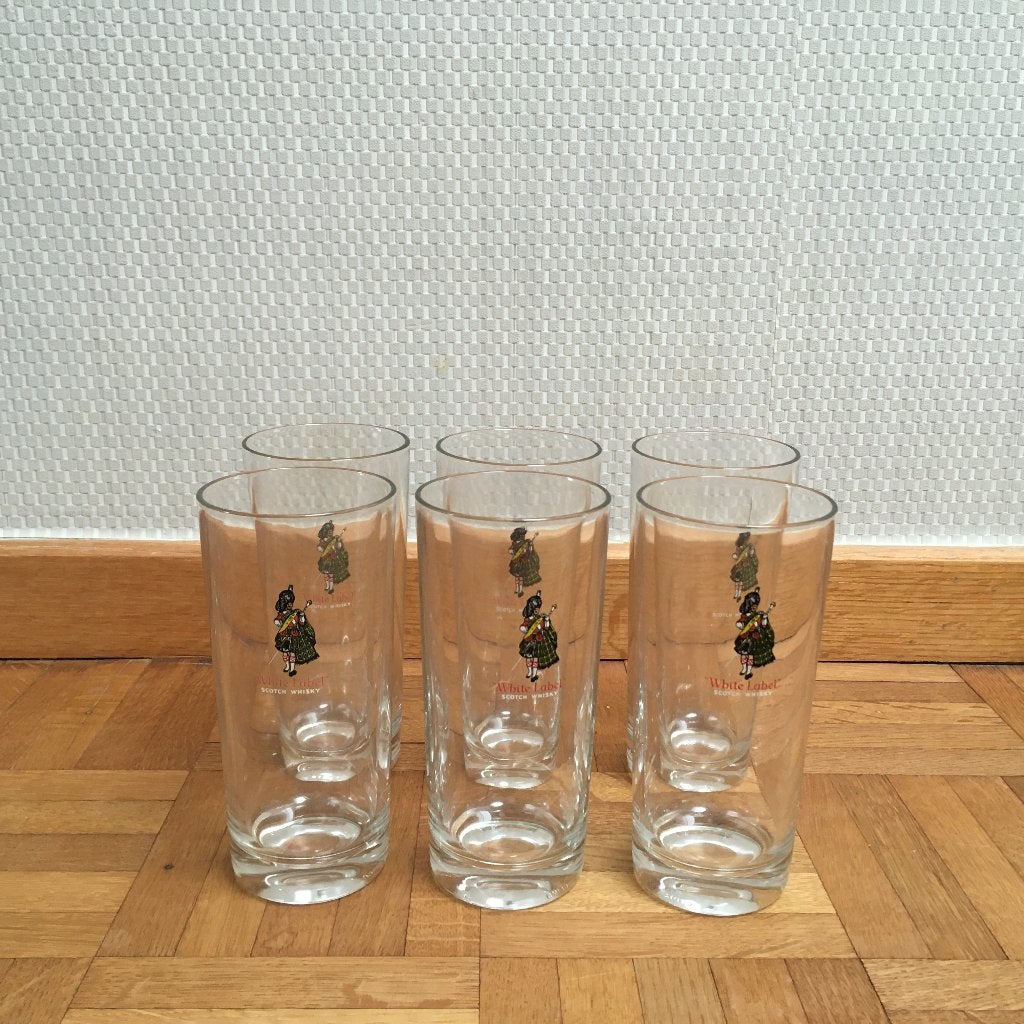 6 White label Scotch Whisky glazen, Verzamelen, Glas en Drinkglazen, Ophalen of Verzenden, Zo goed als nieuw, Borrel- of Shotglas