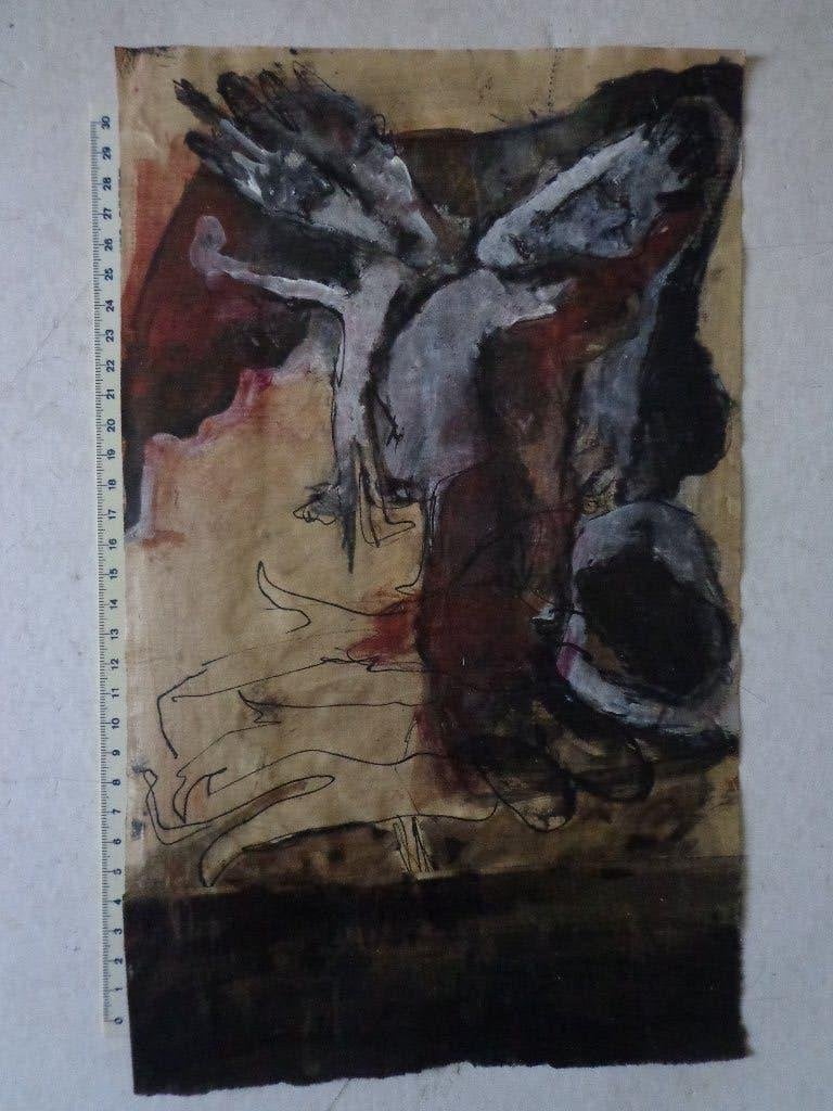 Expressionistische gemengde techniek Evita 2019, Antiek en Kunst, Kunst | Schilderijen | Modern, Abstract, Papier/karton, Ophalen of Verzenden