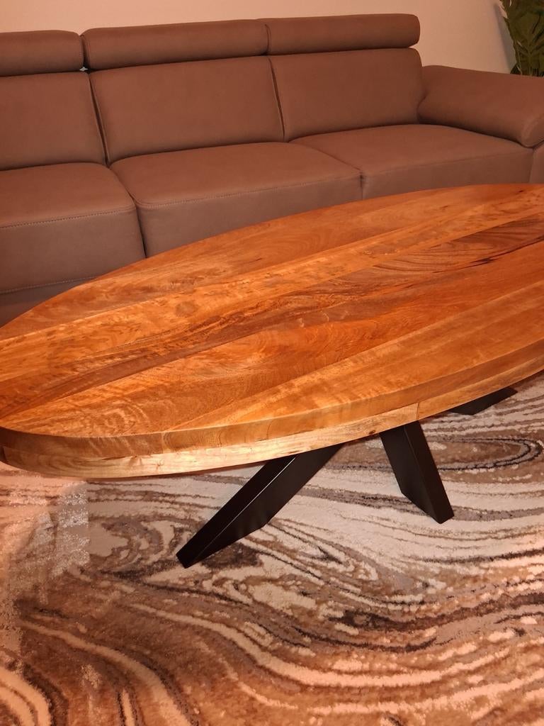 salontafel mangohout ovaal, Ophalen, 100 tot 150 cm, 50 tot 100 cm, Zo goed als nieuw