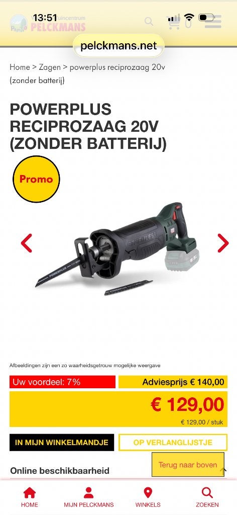 Accu recipro zaag, Ophalen, 70 mm of meer, Nieuw, Powerplus