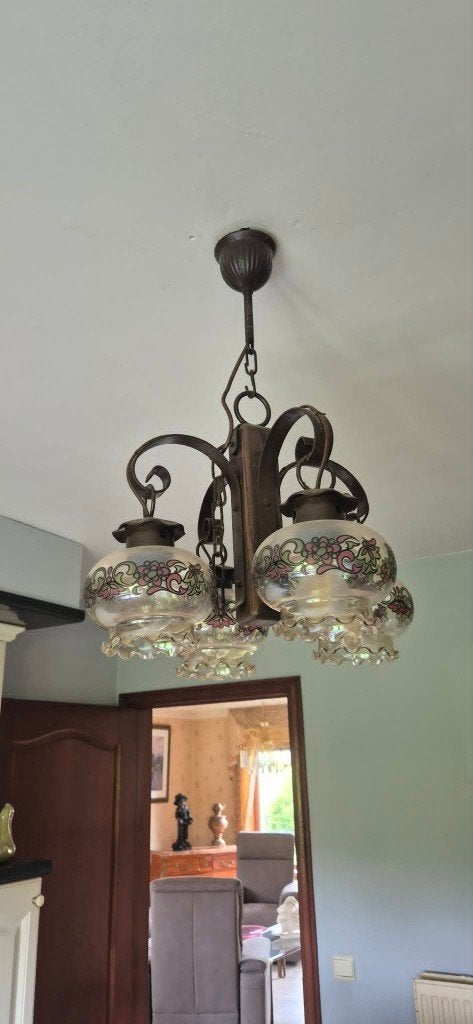 Lustre fer forgé bois 4 branches, Enlèvement, Comme neuf, Bois, Rustique