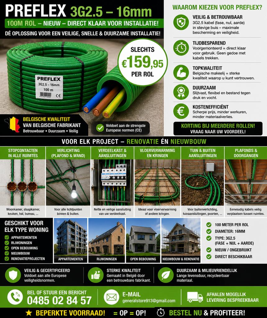 Preflex Safe 3G2.5 16mm – 100m rol – NIEUW – PROMO!, Doe-het-zelf en Bouw, Elektriciteit en Kabels, Ophalen, Nieuw, Kabel of Snoer