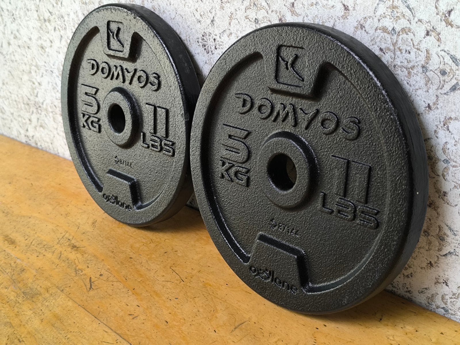 2 x Domyos 2,5kg plaques de musculation. 2,8cm., Enlèvement, Comme neuf, Dos, Plaques d'haltères