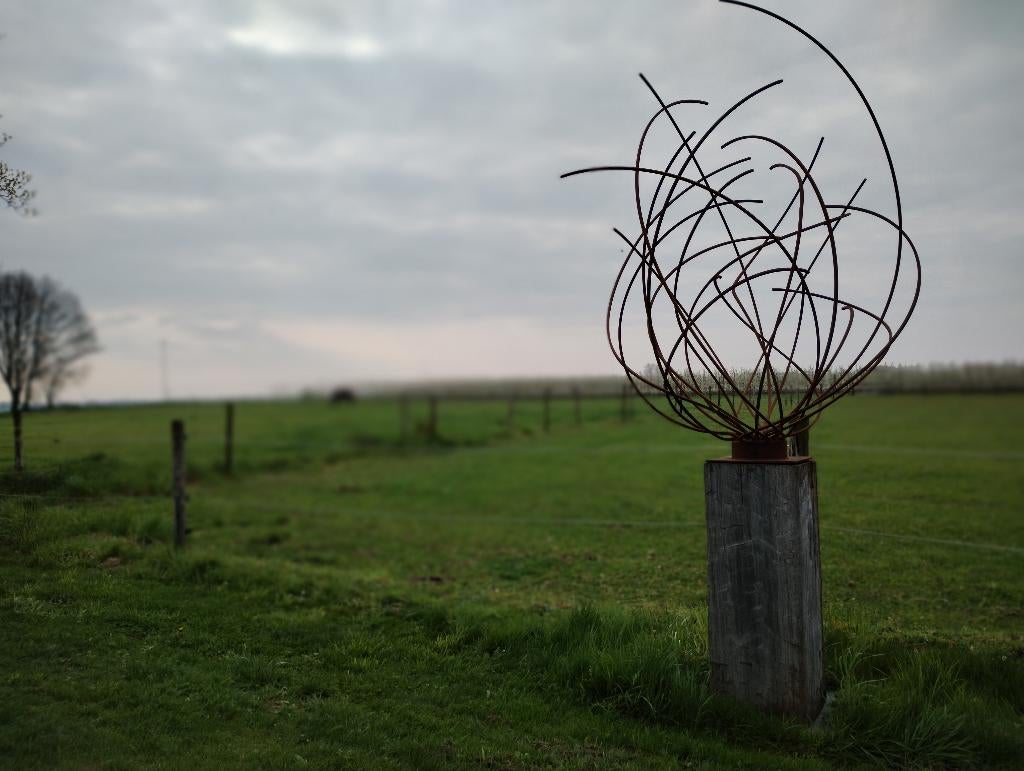 Œuvre d'art en fer sur socle en bois dur, Enlèvement ou Envoi, Neuf, Métal, Abstrait