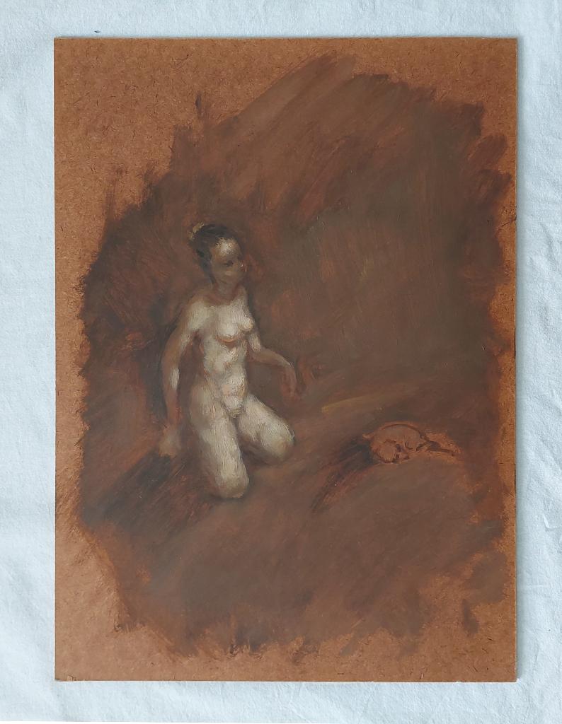 Schilderijtje/ Studie van Naakt met Hondje - Olieverf, Antiek en Kunst, Ophalen of Verzenden