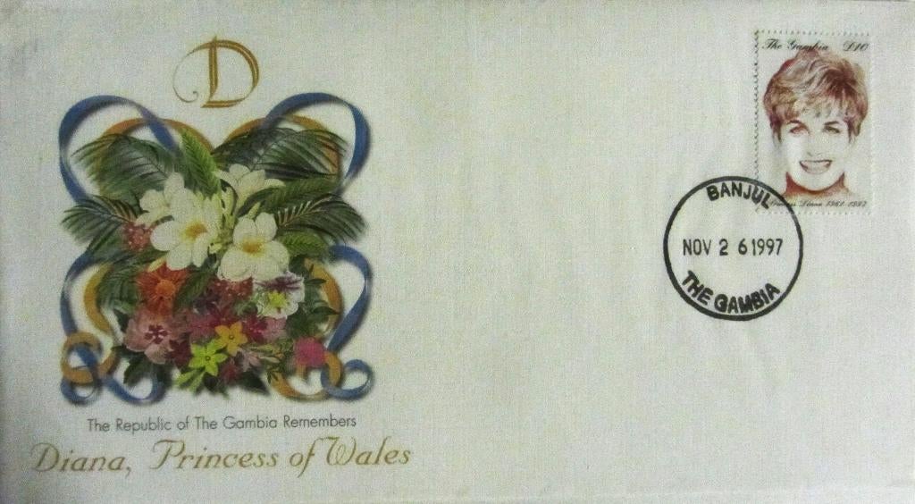 GROTE FDC- PRINSES DIANA MET POSTZEGEL GAMBIA, Ophalen of Verzenden, Gestempeld, Koningshuis