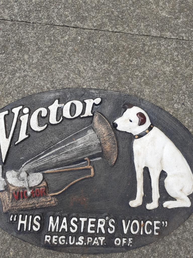 Plaque , fronton en fonte patinée his master's voice (gramop, Collections, Enlèvement ou Envoi, Comme neuf