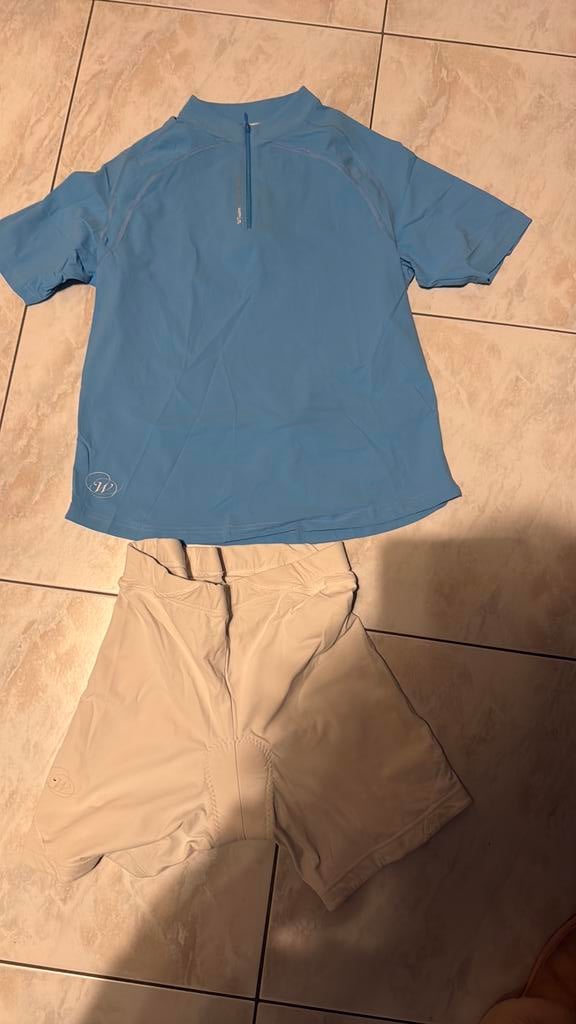 Blauw fietstruitje en wit fietsbroek, Kleding | Heren, Ophalen of Verzenden, Zo goed als nieuw, Maat 48/50 (M), Blauw