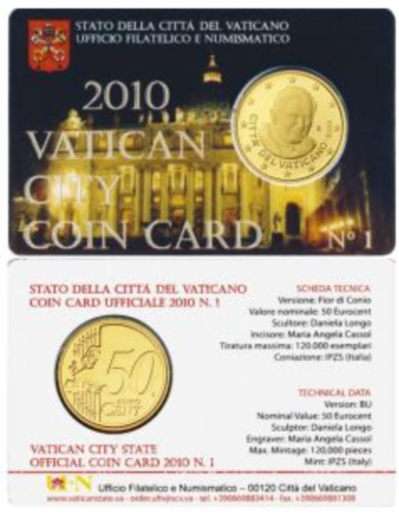 coincard 50 eurocent Vaticaanstad 2010 Nr. 1, Postzegels en Munten, Ophalen of Verzenden, Vaticaanstad