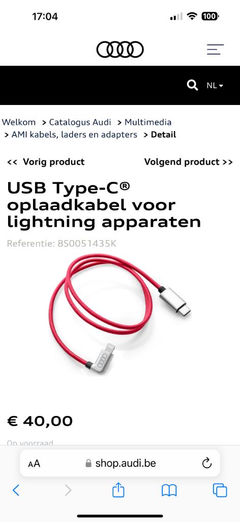 USB Apple lightning kabel Audi (nieuw!), Telecommunicatie, Ophalen of Verzenden, Nieuw, Apple iPhone