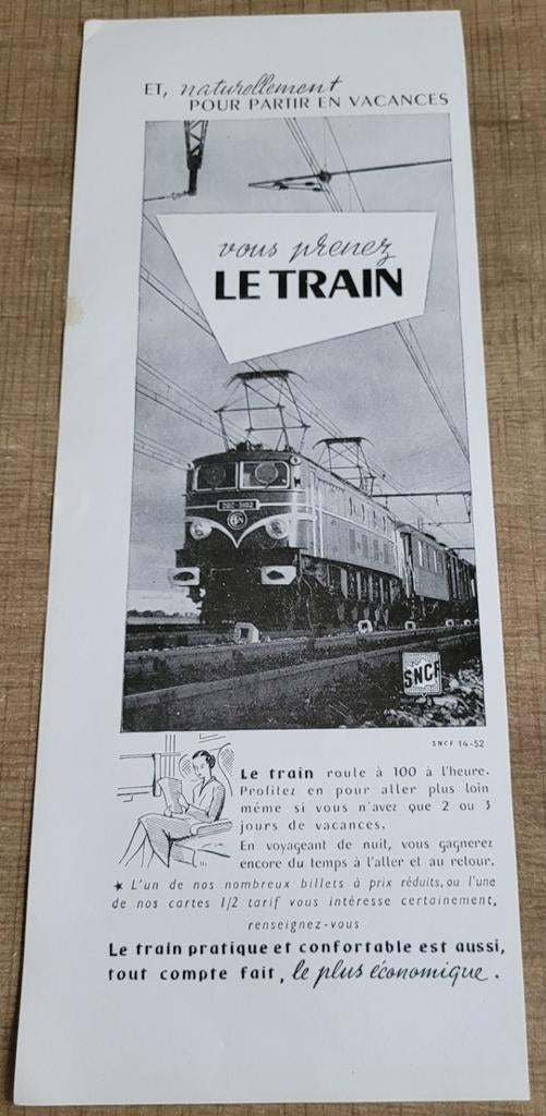 Oude reclameprent: SNCF (1952), Verzamelen, Spoorwegen en Tram, Ophalen of Verzenden, Gebruikt, Trein, Kaart of Prent