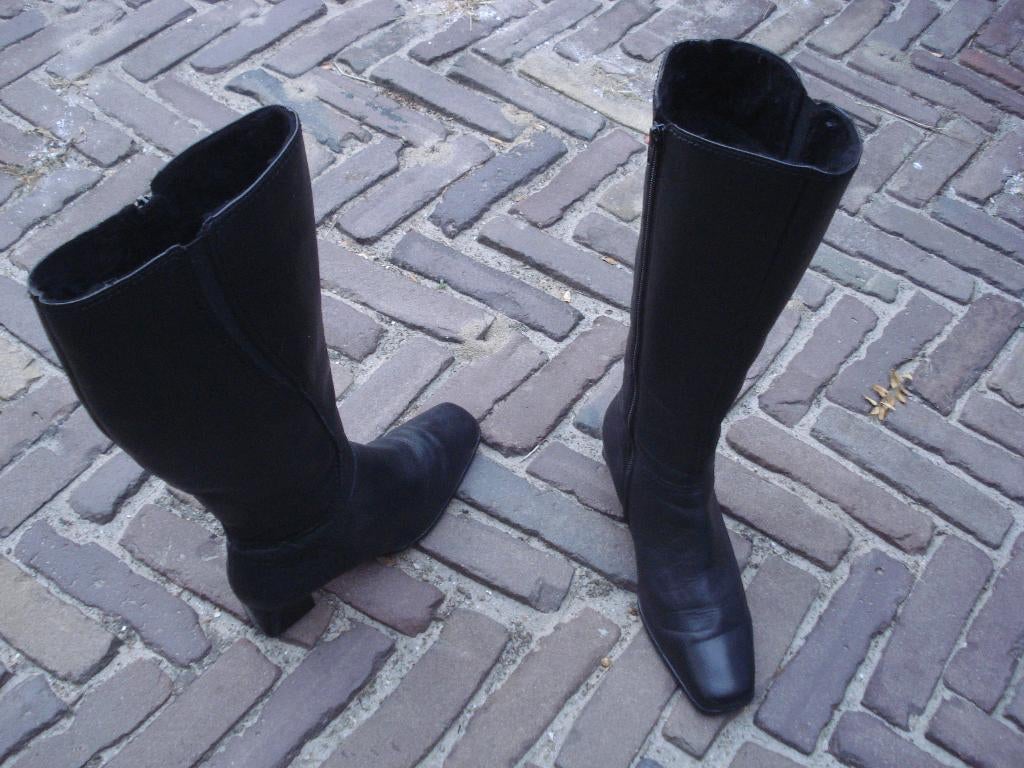 Gratis verzenden luxe zwarte leren vintage blokhaklaarzen 38, Hoge laarzen, Vintage Dressing 38, Verzenden, Zwart