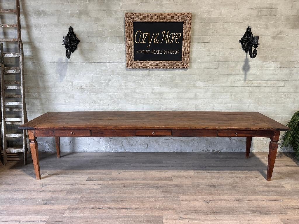 Franse boerentafel met 3 lades - 350 x 98 cm + 77,5 cm hoog, Laundelijk, Eikenhout, 200 cm of meer, Zo goed als nieuw