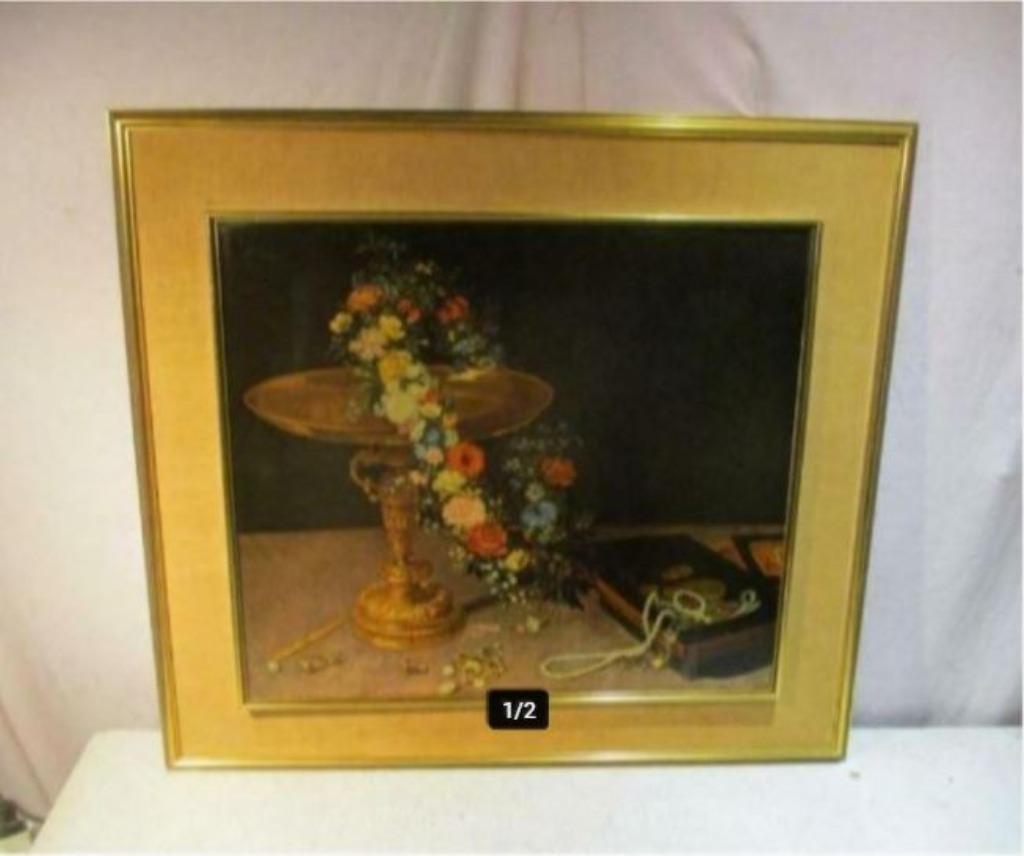 Belle impression d'art ancienne 'Couronne de fleurs' - 70x64, Enlèvement ou Envoi, Comme neuf, Imprimé